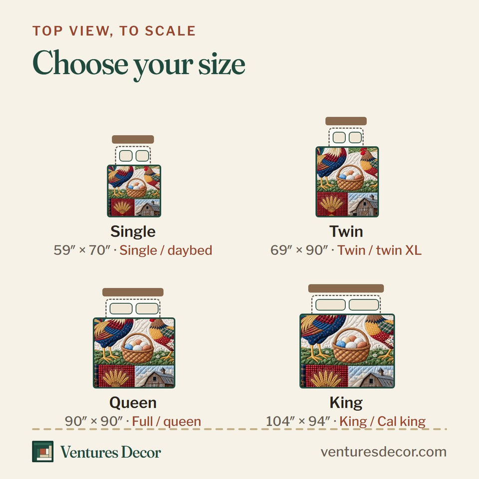 Size guide for the Country Rooster Pair Quilt Set, 3-Piece Quilted Bedding with 2 Pillow Shams quilt, top view to scale: Single 59 x 70 in, Twin 69 x 90 in, Queen 90 x 90 in, King 104 x 94 in