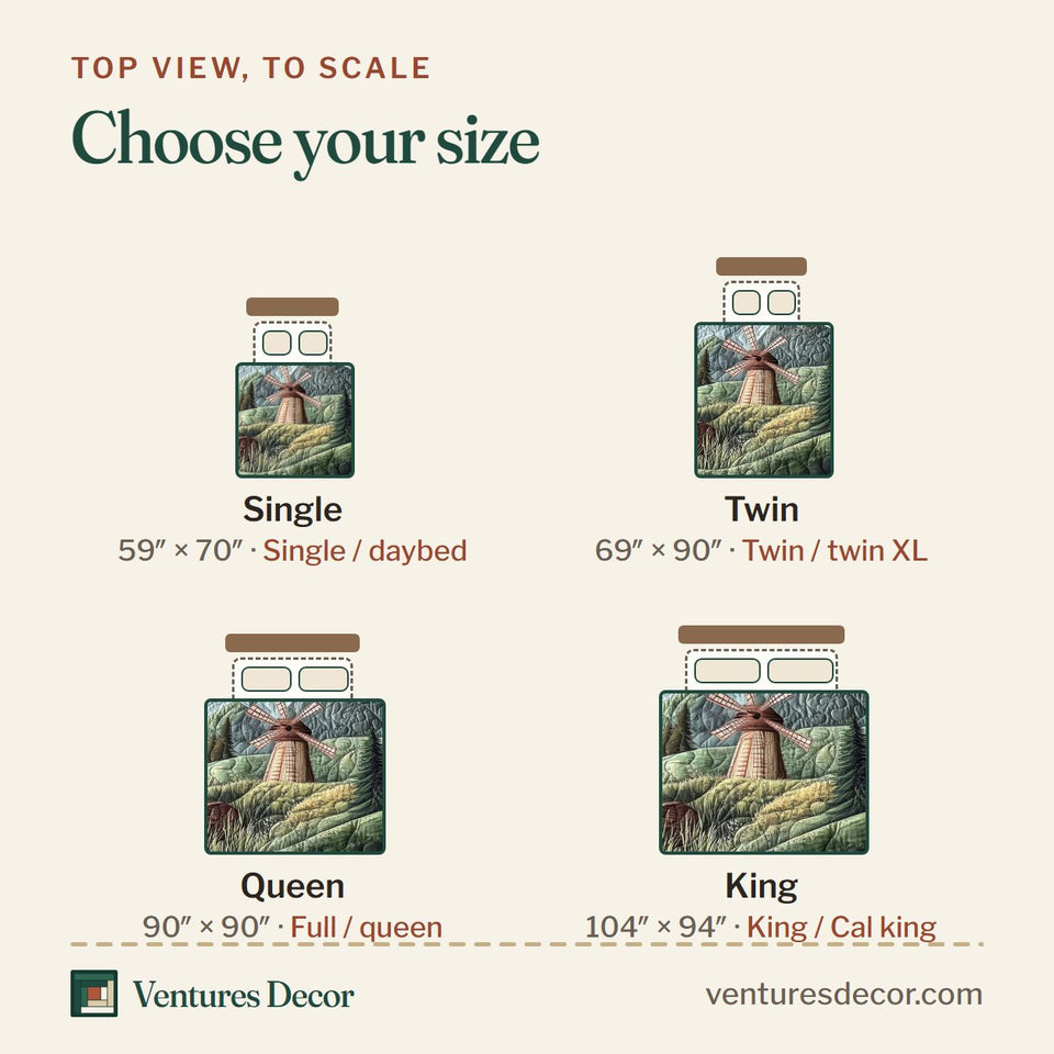 Size guide for the Countryside Windmill Frame quilt, top view to scale: Single 59 x 70 in, Twin 69 x 90 in, Queen 90 x 90 in, King 104 x 94 in