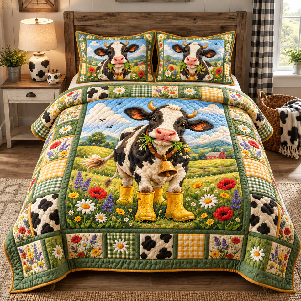 Cow In Yellow Boots quilted bedding set, quilt and two pillow shams on a made bed