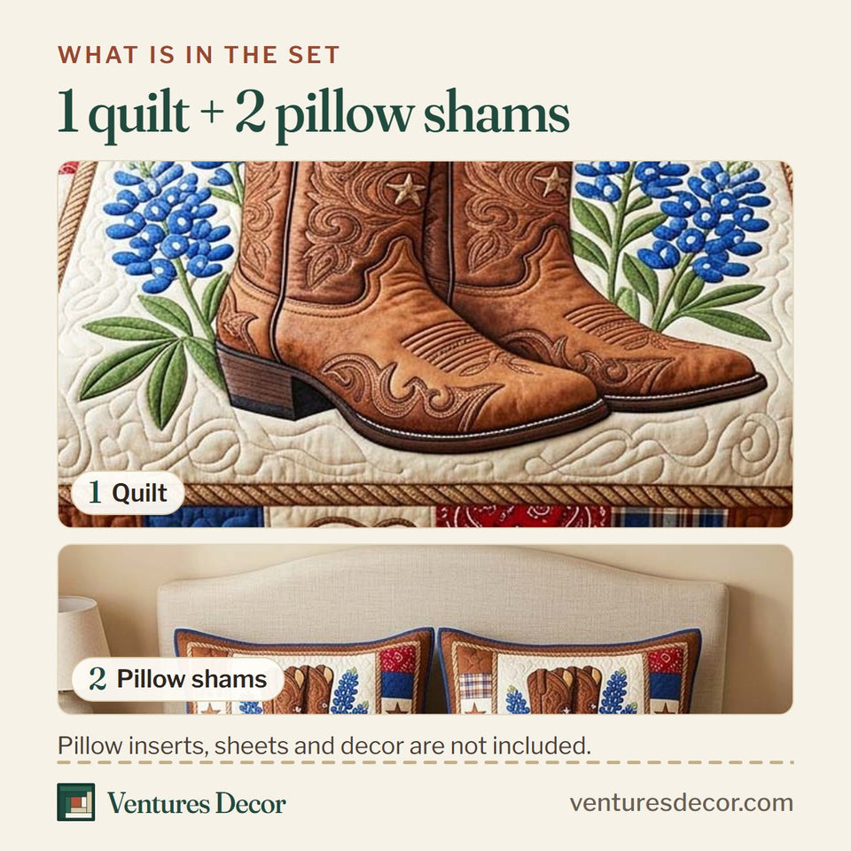 What is in the set: one quilt and two pillow shams, shown in the Cowboy Boots Bluebonnet Frame design