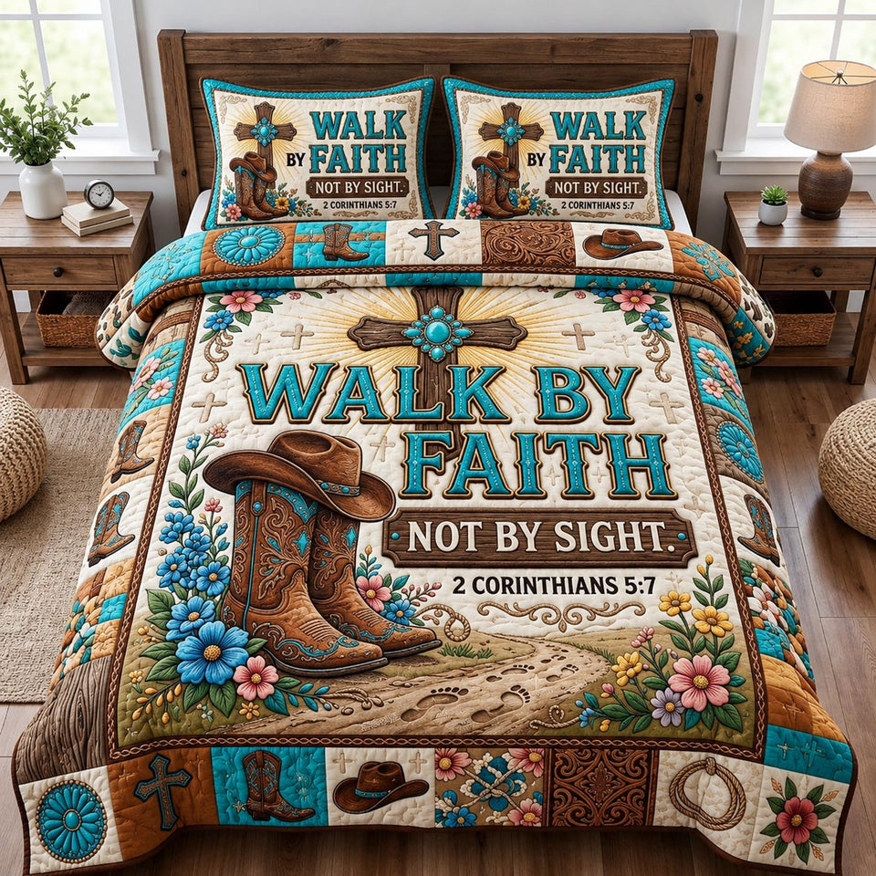 Cowboy Faith Walk By Faith Turquoise Boots quilted bedding set, quilt and two pillow shams on a made bed