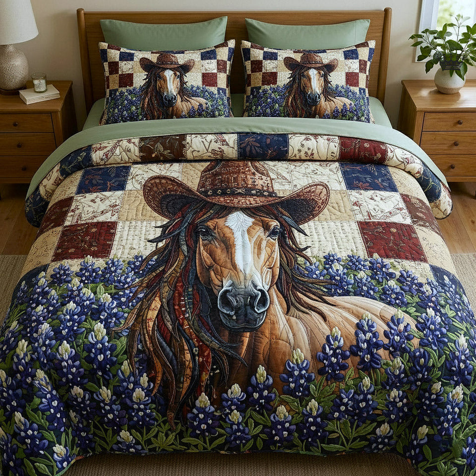 Cowboy Hat Horse Bluebonnets quilted bedding set, quilt and two pillow shams on a made bed