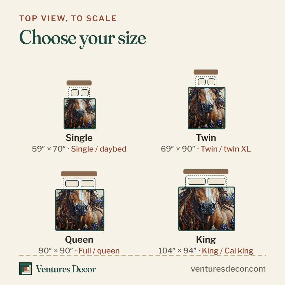 Size guide for the Cowboy Hat Horse Bluebonnets quilt, top view to scale: Single 59 x 70 in, Twin 69 x 90 in, Queen 90 x 90 in, King 104 x 94 in