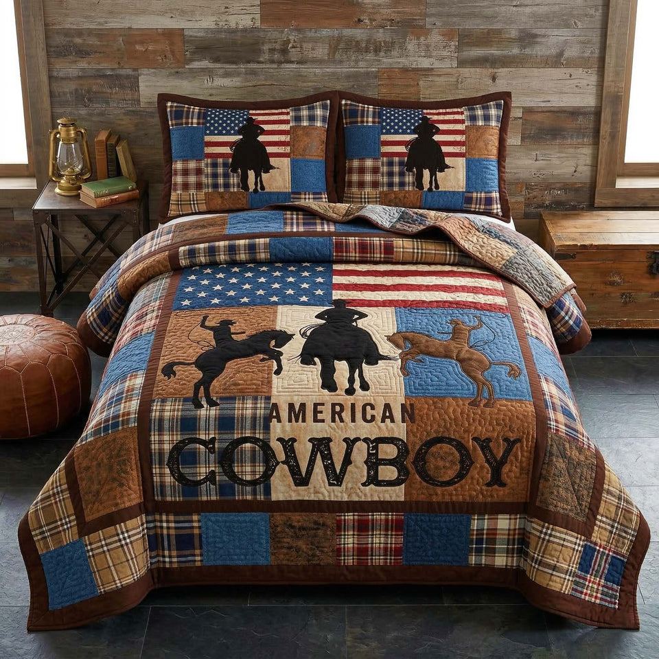 Cowboy Patriot quilted bedding set, quilt and two pillow shams on a made bed