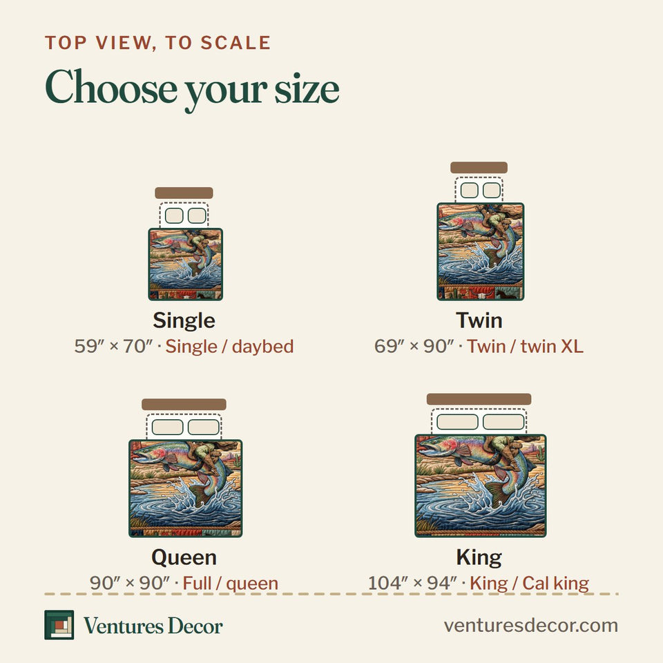 Size guide for the Cowboy Riding Rainbow Trout quilt, top view to scale: Single 59 x 70 in, Twin 69 x 90 in, Queen 90 x 90 in, King 104 x 94 in