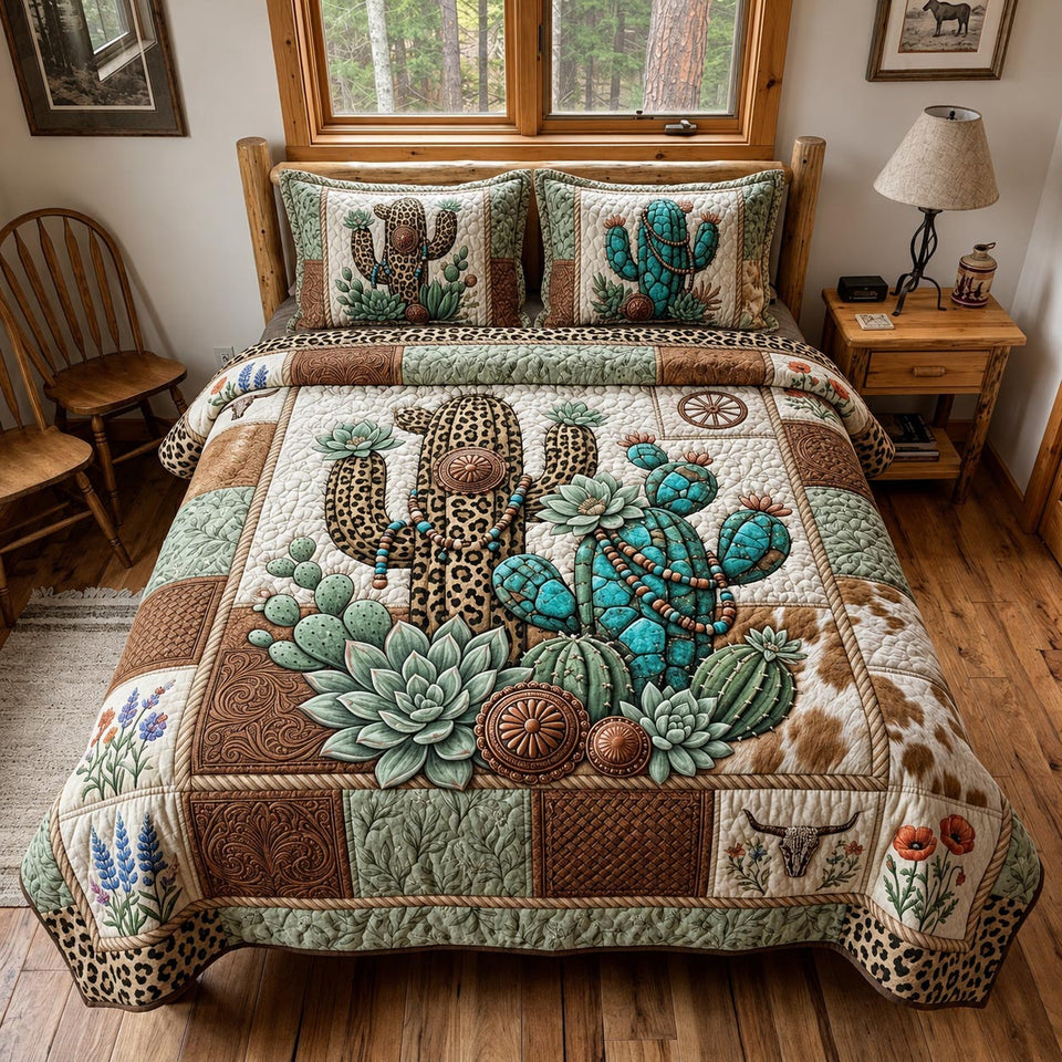 Cowgirl Leopard quilted bedding set, quilt and two pillow shams on a made bed