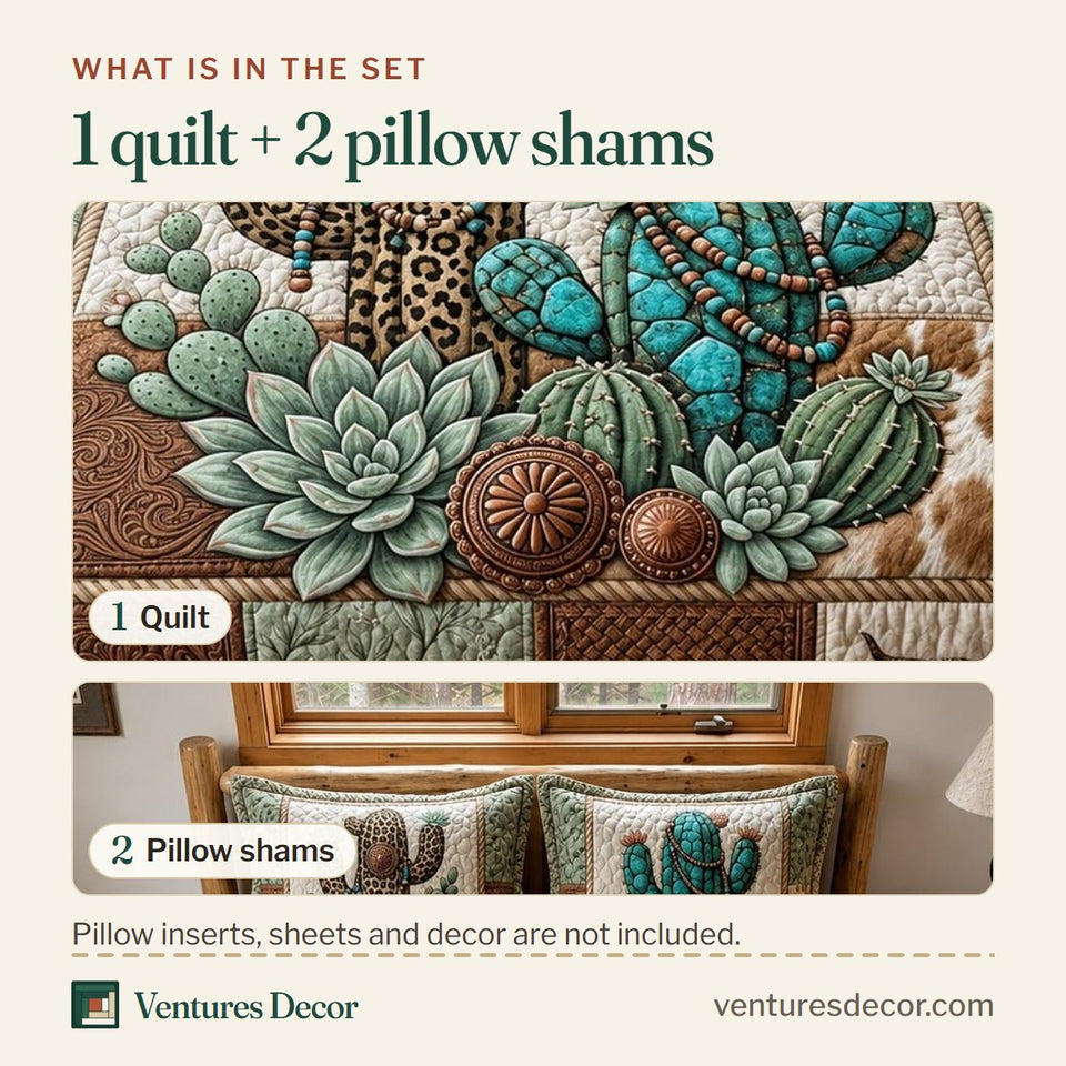 What is in the set: one quilt and two pillow shams, shown in the Cowgirl Leopard design