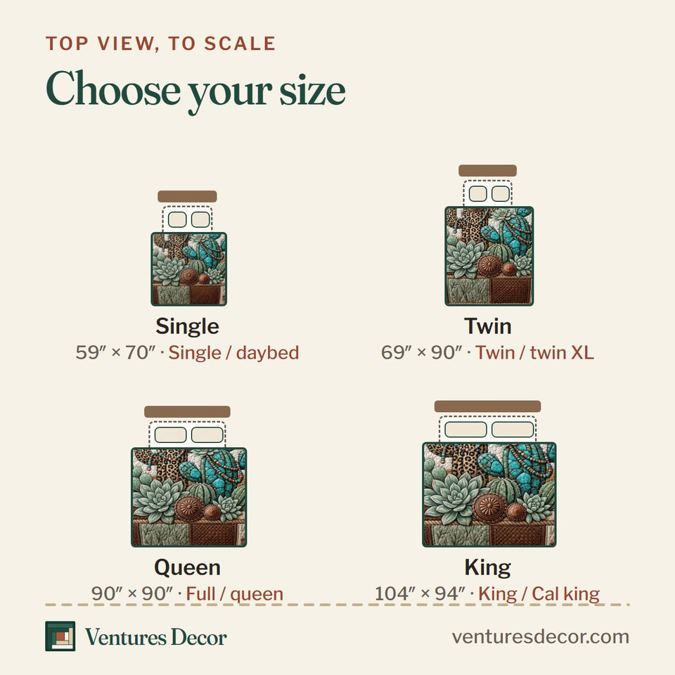 Size guide for the Cowgirl Leopard quilt, top view to scale: Single 59 x 70 in, Twin 69 x 90 in, Queen 90 x 90 in, King 104 x 94 in