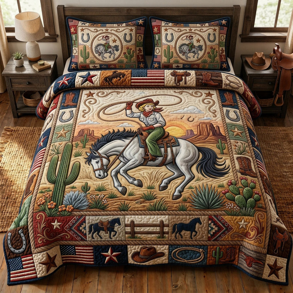 Cowgirl Riding Horse Desert Mesa Gallop quilted bedding set, quilt and two pillow shams on a made bed