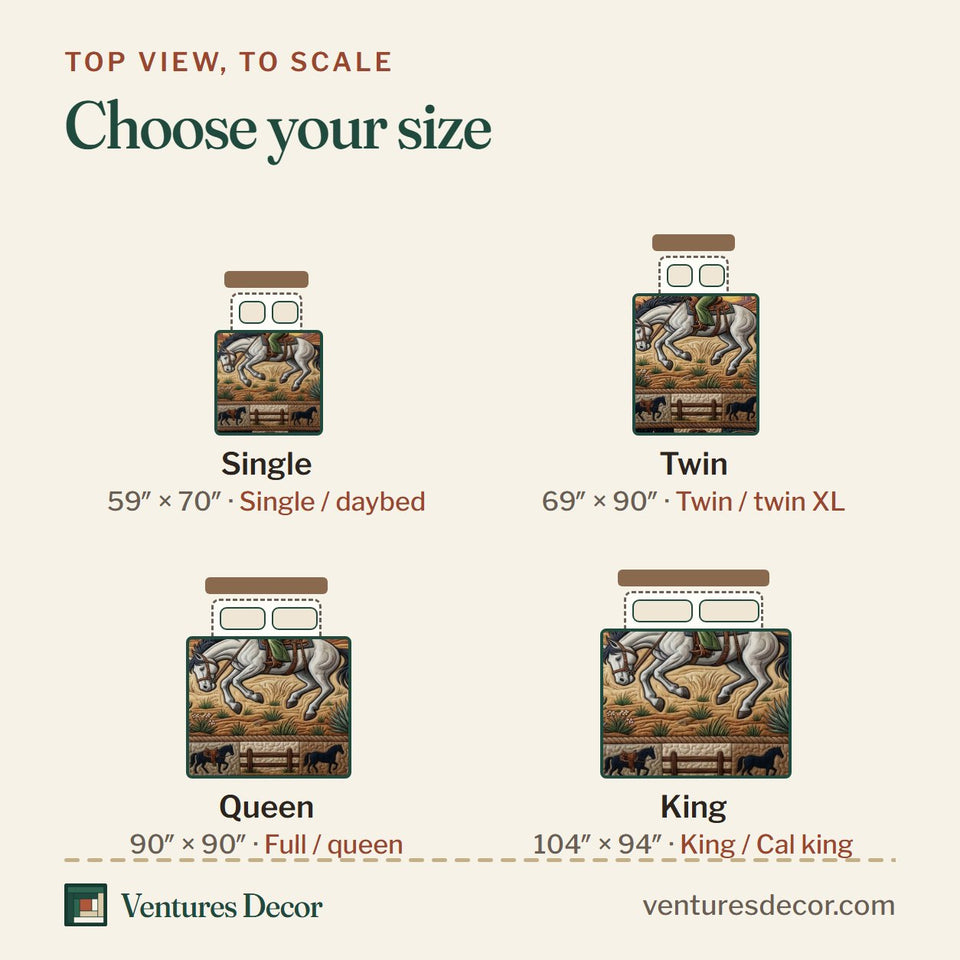 Size guide for the Cowgirl Riding Horse Desert Mesa Gallop quilt, top view to scale: Single 59 x 70 in, Twin 69 x 90 in, Queen 90 x 90 in, King 104 x 94 in