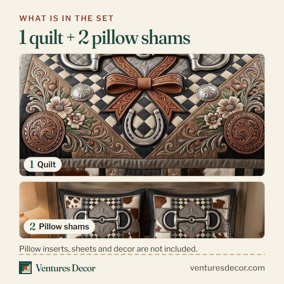 What is in the set: one quilt and two pillow shams, shown in the Cowhide Star Stirrup design