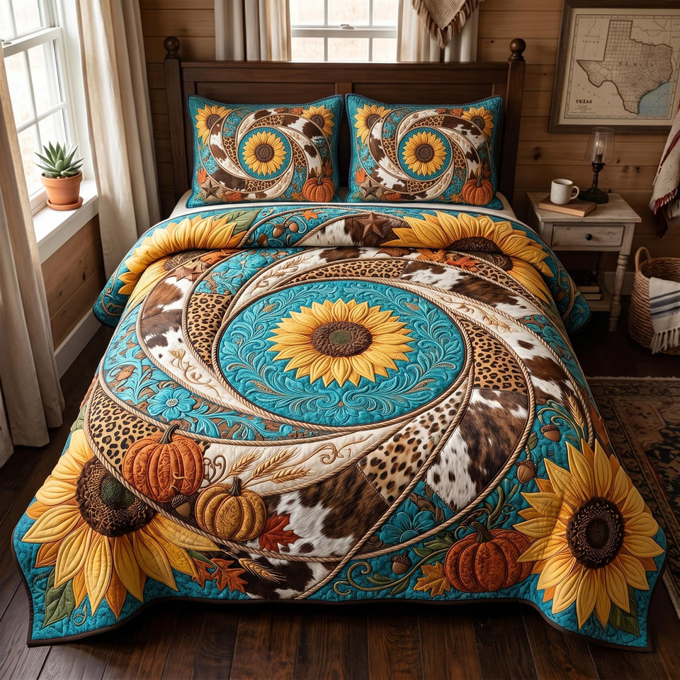 Cowhide Swirl Sunflower quilted bedding set, quilt and two pillow shams on a made bed