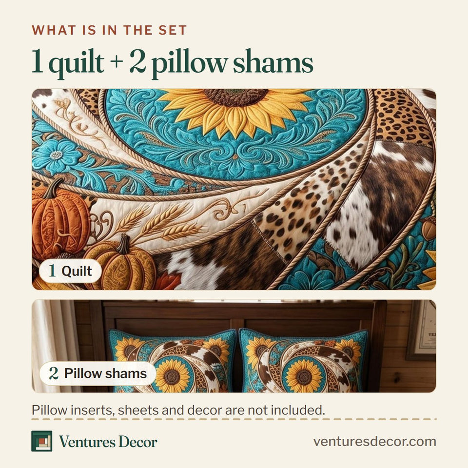 What is in the set: one quilt and two pillow shams, shown in the Cowhide Swirl Sunflower design