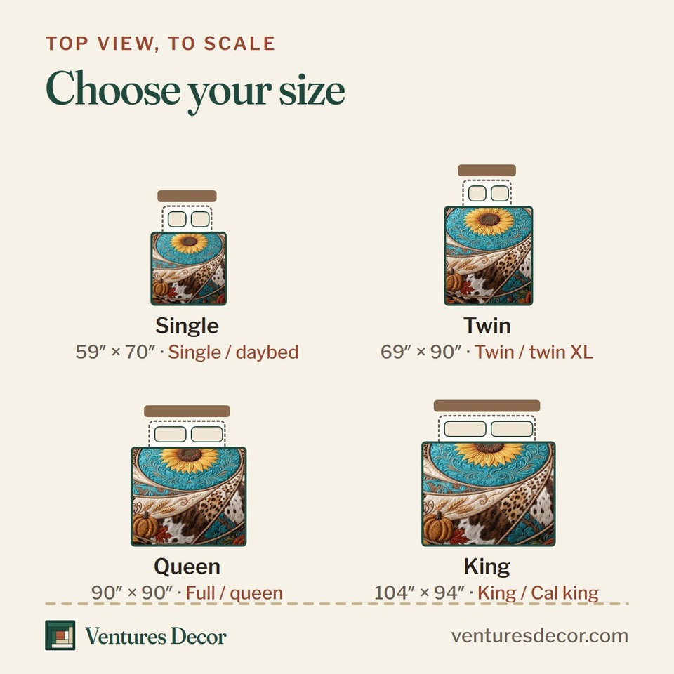 Size guide for the Cowhide Swirl Sunflower quilt, top view to scale: Single 59 x 70 in, Twin 69 x 90 in, Queen 90 x 90 in, King 104 x 94 in