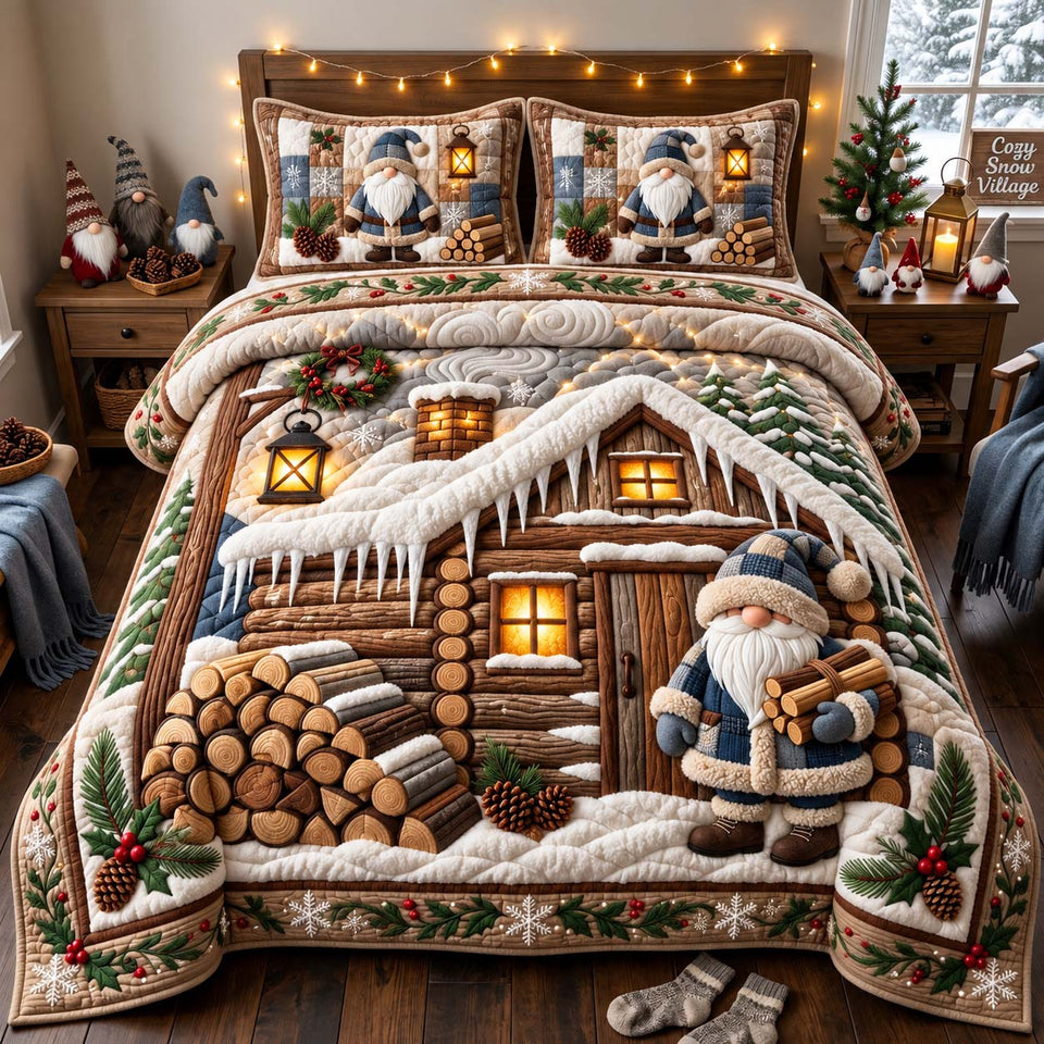 Cozy Cabin Gnome quilted bedding set, quilt and two pillow shams on a made bed
