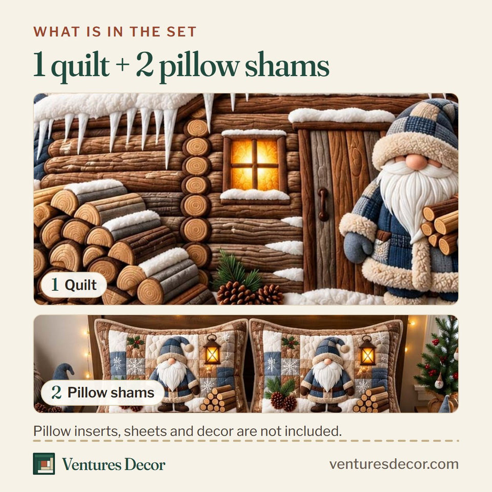 What is in the set: one quilt and two pillow shams, shown in the Cozy Cabin Gnome Quilt Set, 3-Piece Quilted Bedding with 2 Pillow Shams design