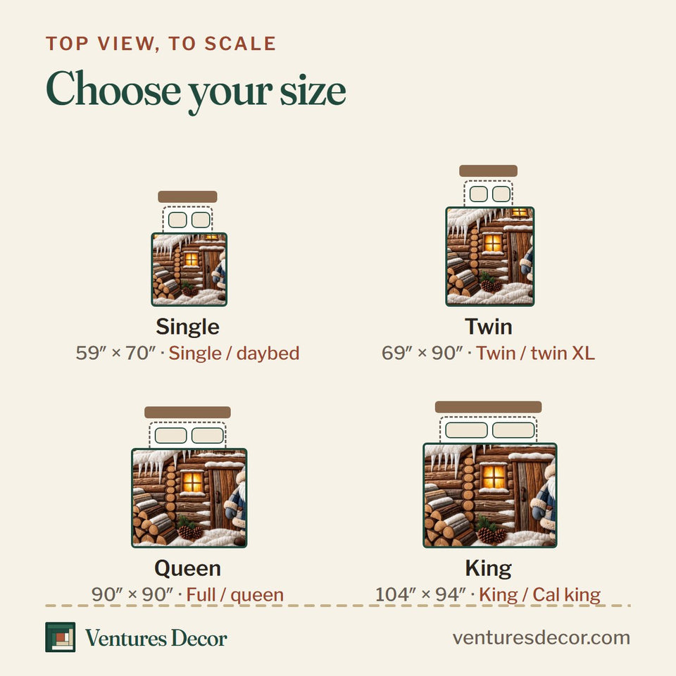 Size guide for the Cozy Cabin Gnome Quilt Set, 3-Piece Quilted Bedding with 2 Pillow Shams quilt, top view to scale: Single 59 x 70 in, Twin 69 x 90 in, Queen 90 x 90 in, King 104 x 94 in