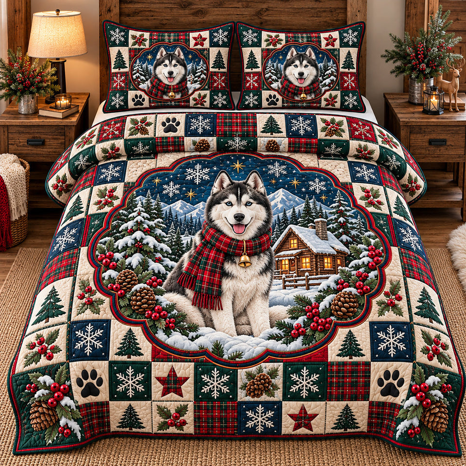 Cozy Cabin Husky quilted bedding set, quilt and two pillow shams on a made bed