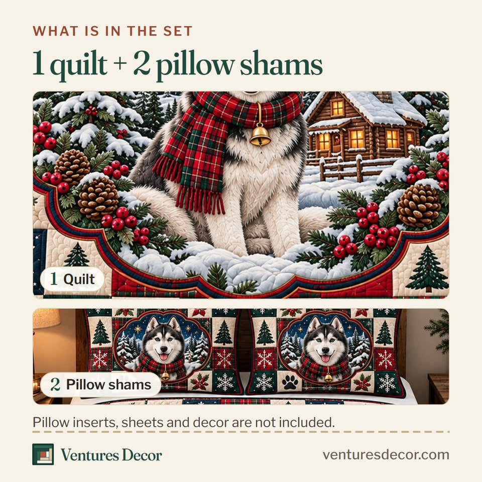What is in the set: one quilt and two pillow shams, shown in the Cozy Cabin Husky Quilt Set, 3-Piece Quilted Bedding with 2 Pillow Shams design