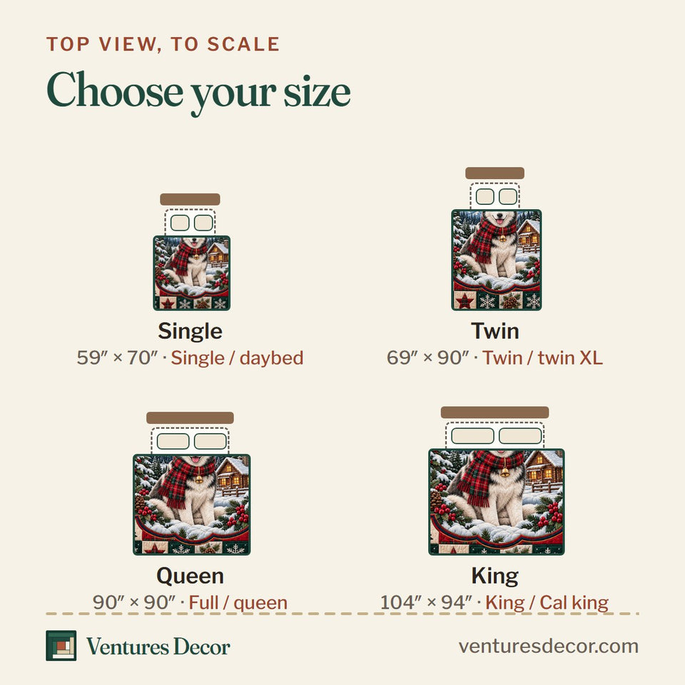 Size guide for the Cozy Cabin Husky Quilt Set, 3-Piece Quilted Bedding with 2 Pillow Shams quilt, top view to scale: Single 59 x 70 in, Twin 69 x 90 in, Queen 90 x 90 in, King 104 x 94 in