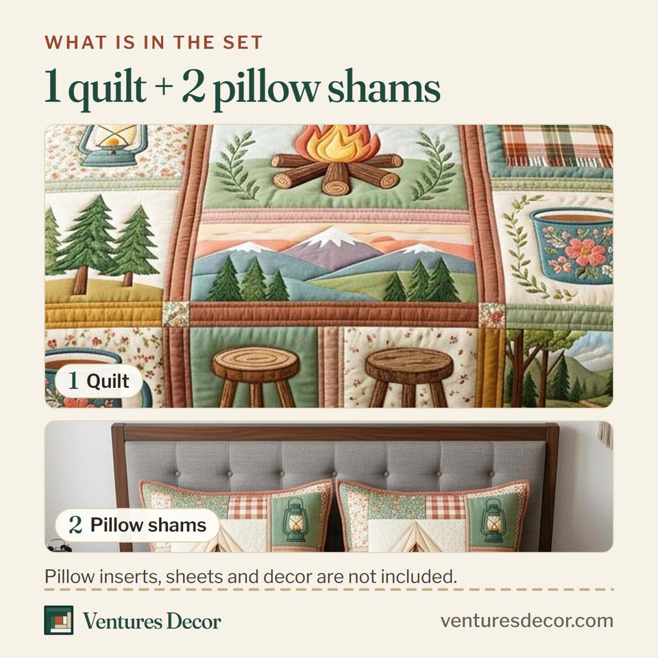 What is in the set: one quilt and two pillow shams, shown in the Cozy Camp Fireside Blocks design