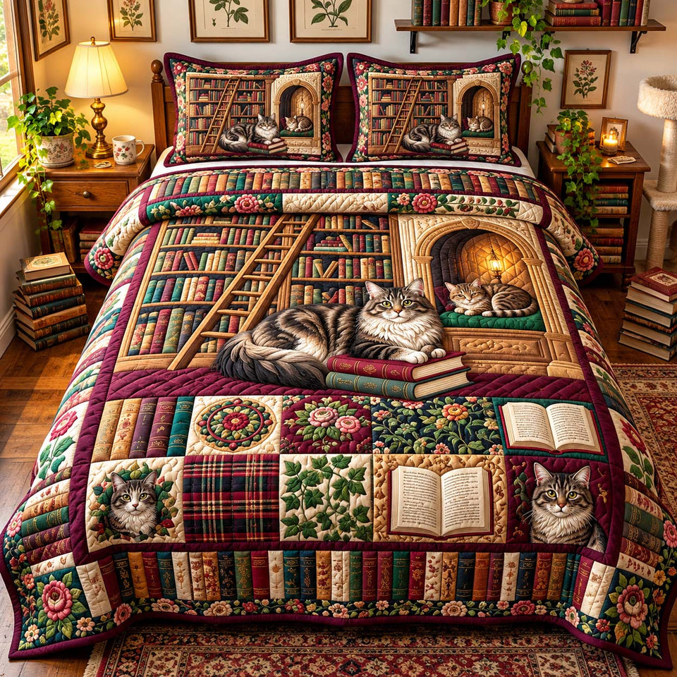 Cozy Cat Bookshelf quilted bedding set, quilt and two pillow shams on a made bed