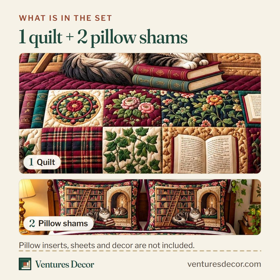 What is in the set: one quilt and two pillow shams, shown in the Cozy Cat Bookshelf Quilt Set, 3-Piece Quilted Bedding with 2 Pillow Shams design