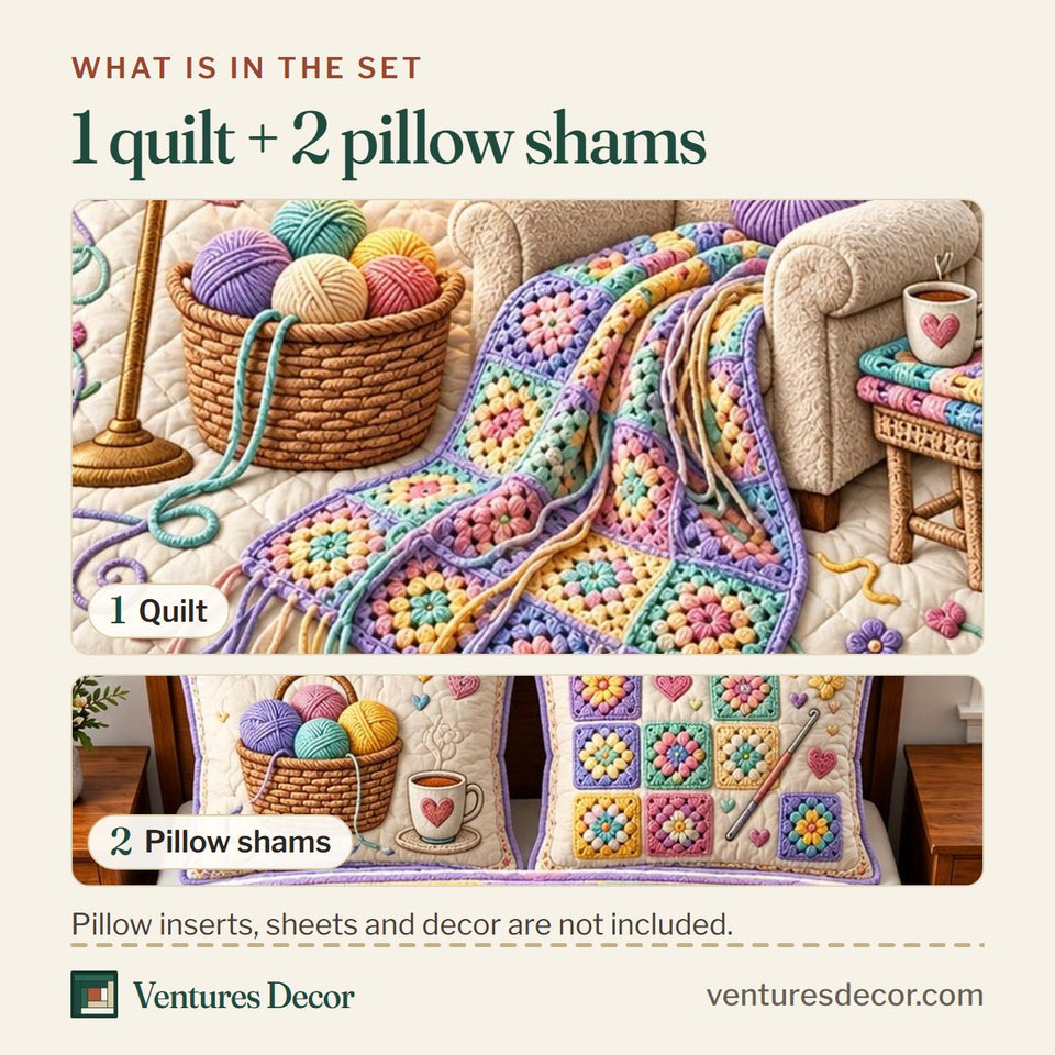 What is in the set: one quilt and two pillow shams, shown in the Cozy Crochet Room design