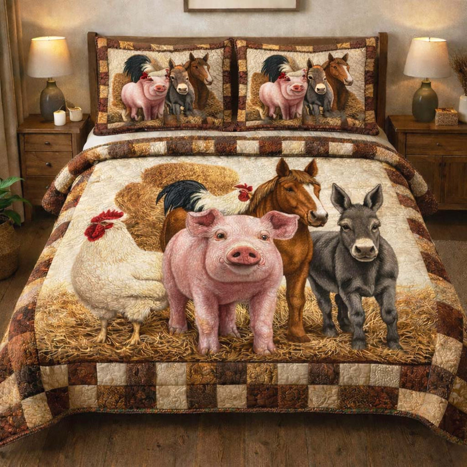 Cozy Farm Friends quilted bedding set, quilt and two pillow shams on a made bed