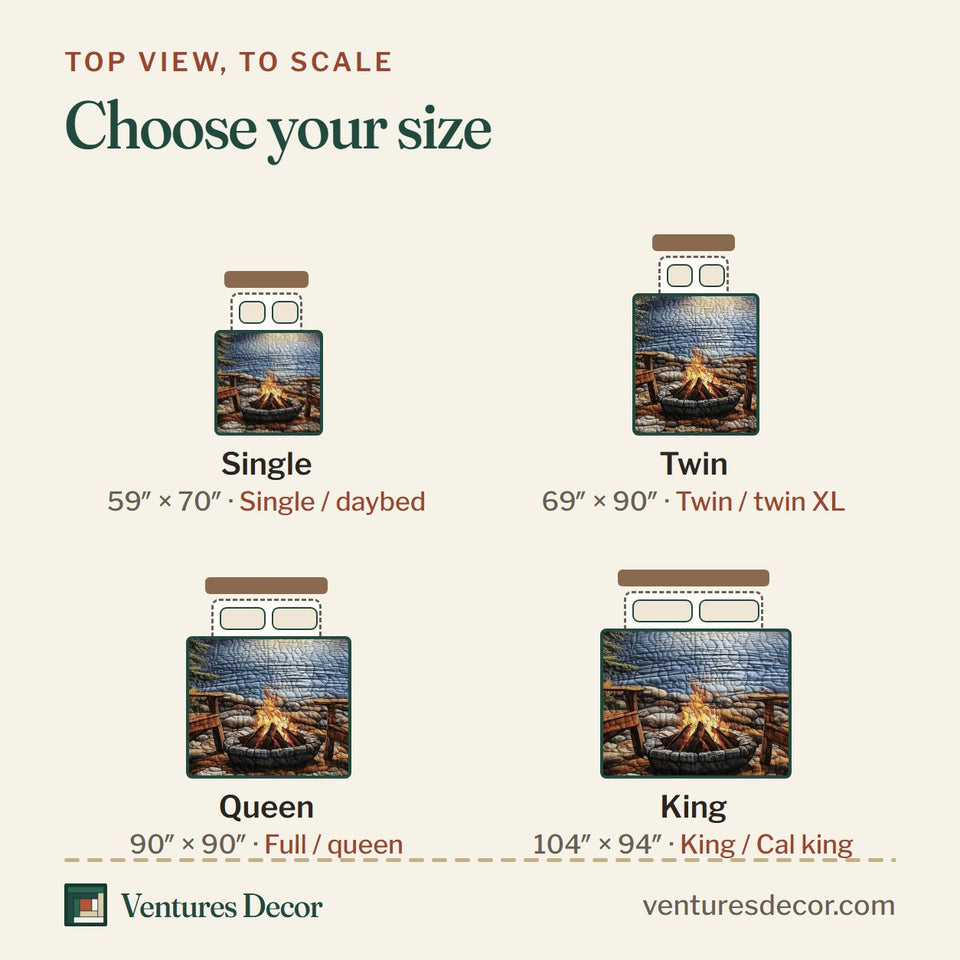 Size guide for the Cozy Harmony Lakeside Firepit at Dawn quilt, top view to scale: Single 59 x 70 in, Twin 69 x 90 in, Queen 90 x 90 in, King 104 x 94 in