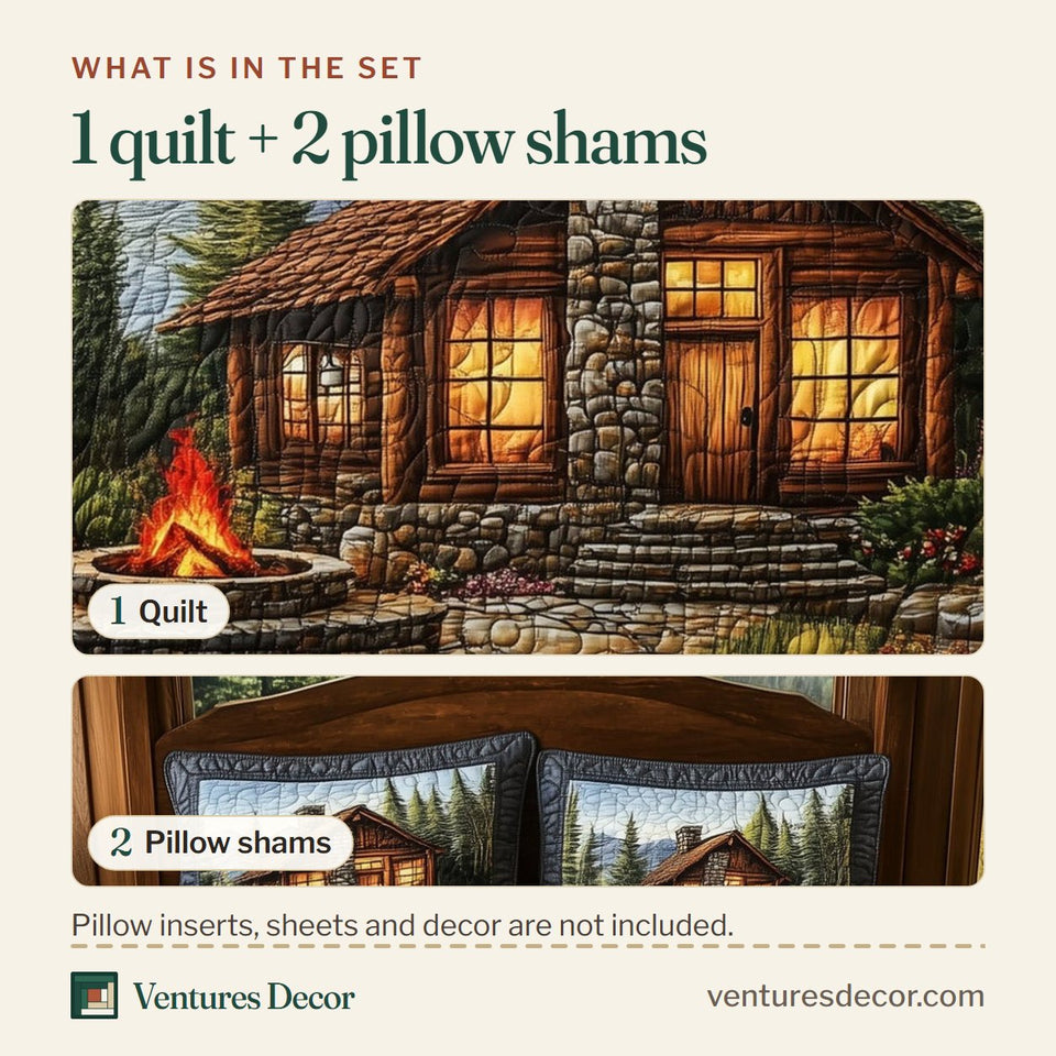 What is in the set: one quilt and two pillow shams, shown in the Cozy Harmony Mountain Cabin Fire Ring design