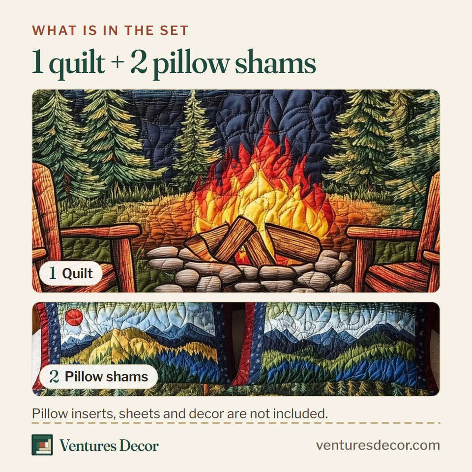 What is in the set: one quilt and two pillow shams, shown in the Cozy Harmony Red Chairs by the Blaze design