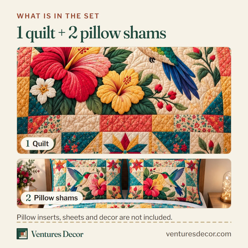 What is in the set: one quilt and two pillow shams, shown in the Cozy Hummingbird design