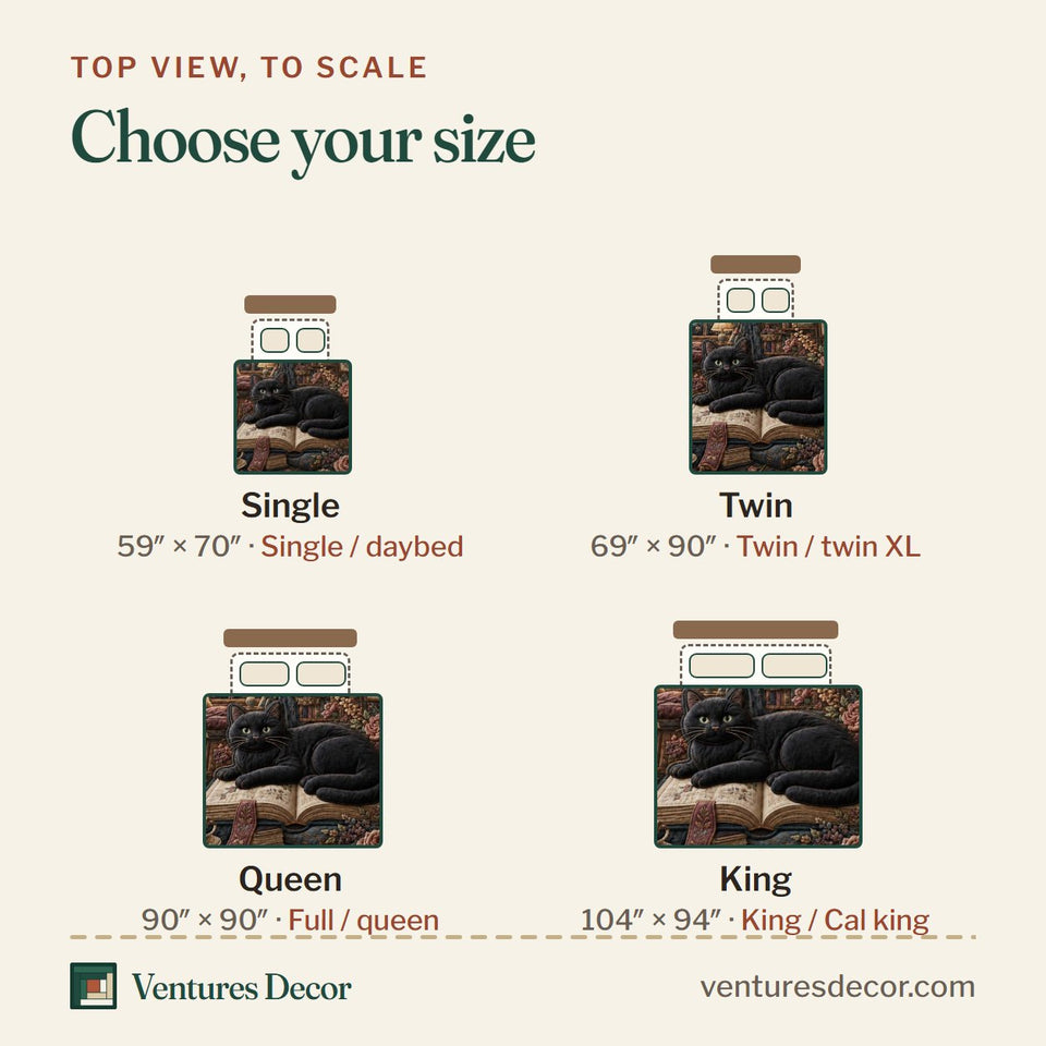 Size guide for the Cozy Midnight Reader Cat quilt, top view to scale: Single 59 x 70 in, Twin 69 x 90 in, Queen 90 x 90 in, King 104 x 94 in