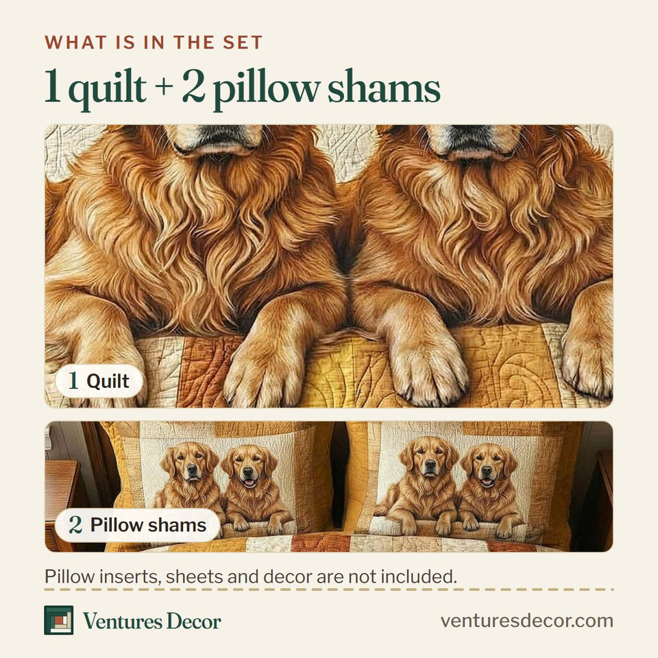 What is in the set: one quilt and two pillow shams, shown in the Cozy Paws Golden Retrievers on Amber Patchwork design
