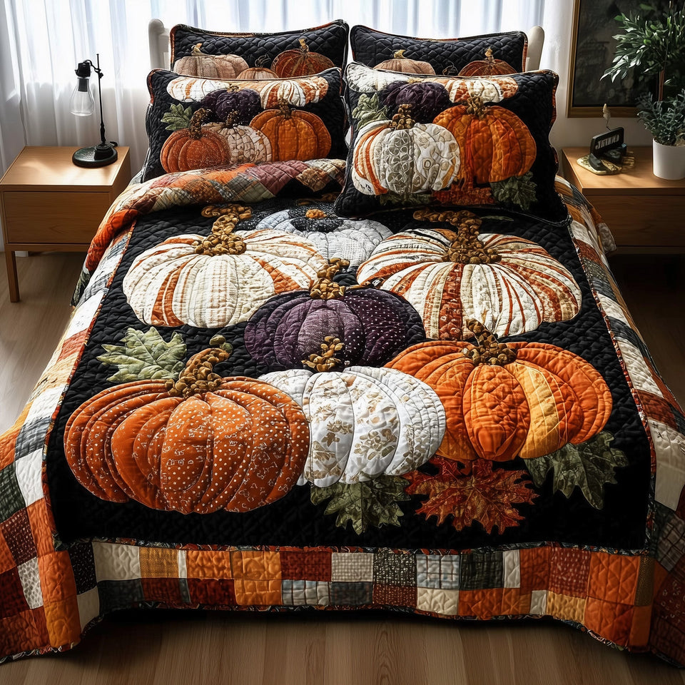 Cozy Pumpkin Patch Black And Orange Checkerboard quilted bedding set, quilt and two pillow shams on a made bed
