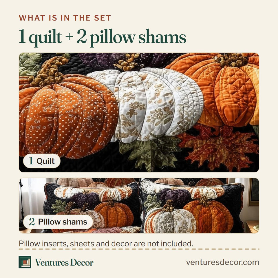 What is in the set: one quilt and two pillow shams, shown in the Cozy Pumpkin Patch Black And Orange Checkerboard design