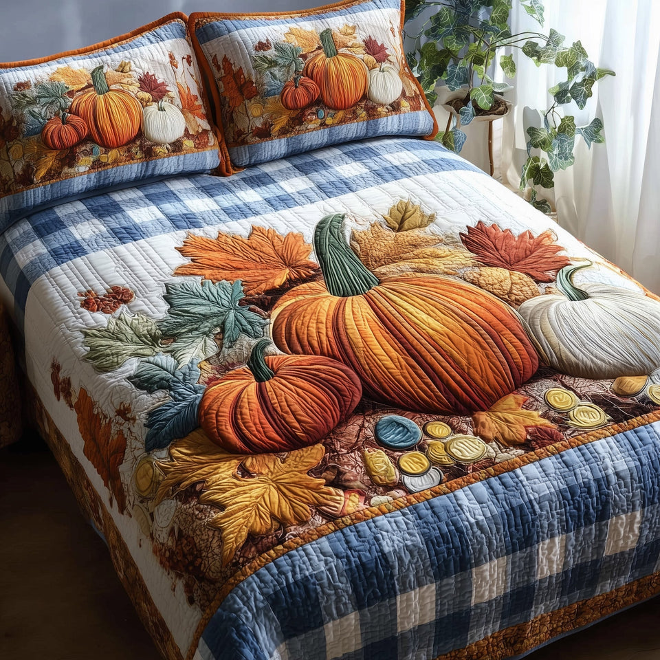 Cozy Pumpkin Patch Harvest Pile On Blue Plaid quilted bedding set, quilt and two pillow shams on a made bed