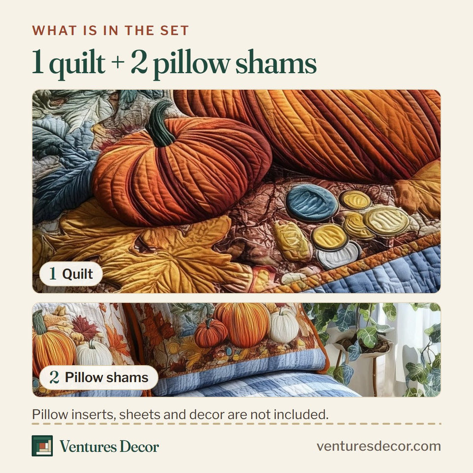 What is in the set: one quilt and two pillow shams, shown in the Cozy Pumpkin Patch Harvest Pile On Blue Plaid design