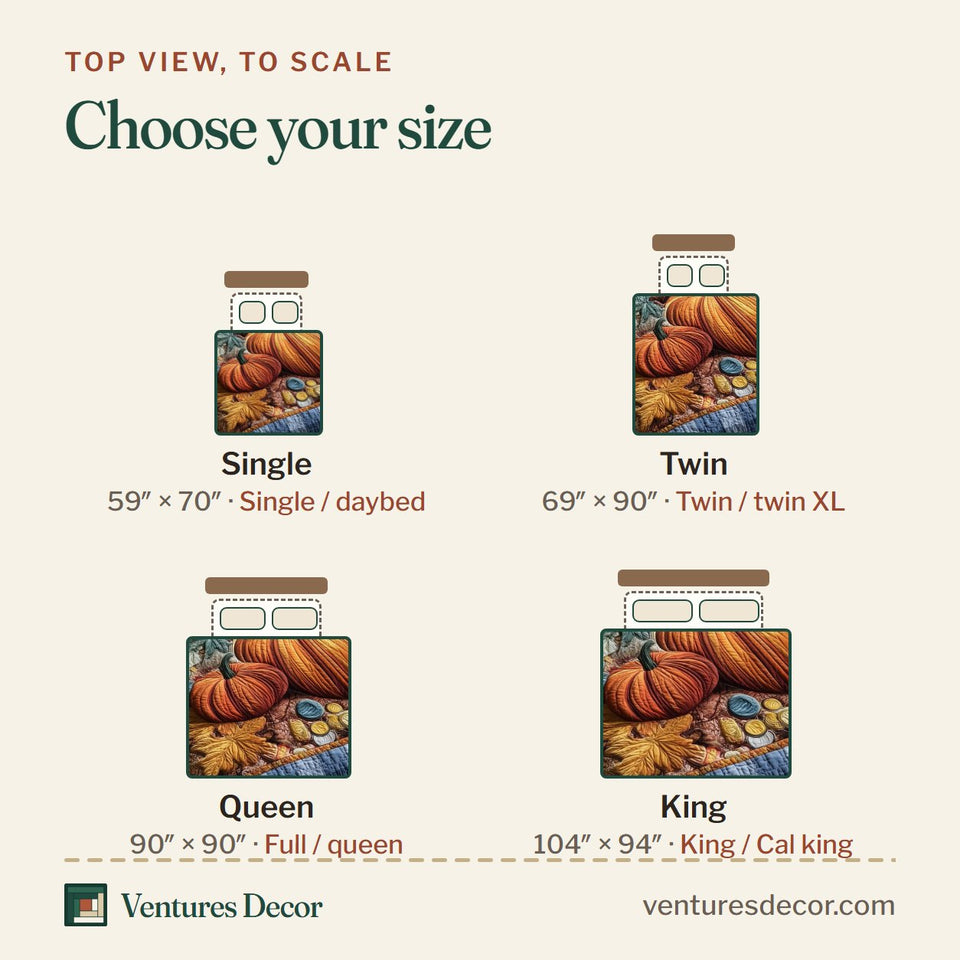 Size guide for the Cozy Pumpkin Patch Harvest Pile On Blue Plaid quilt, top view to scale: Single 59 x 70 in, Twin 69 x 90 in, Queen 90 x 90 in, King 104 x 94 in