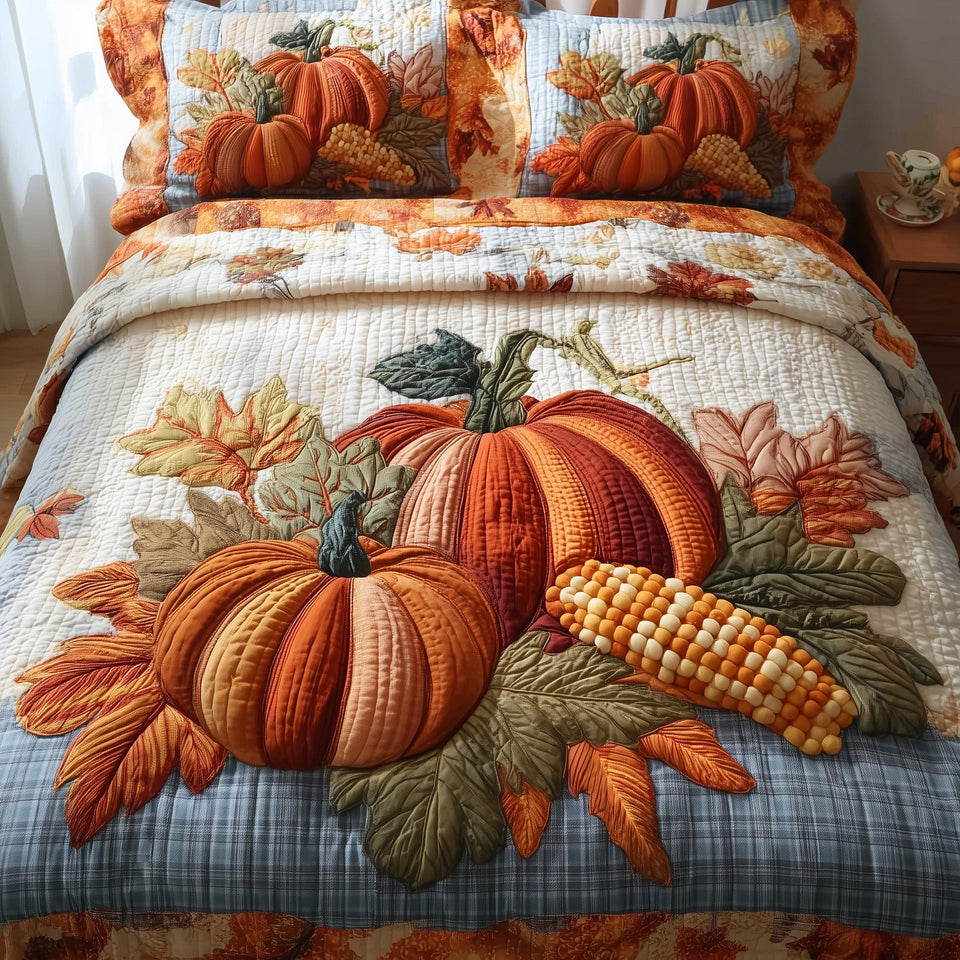 Cozy Pumpkin Patch Ribbed Pumpkin And Indian Corn quilted bedding set, quilt and two pillow shams on a made bed