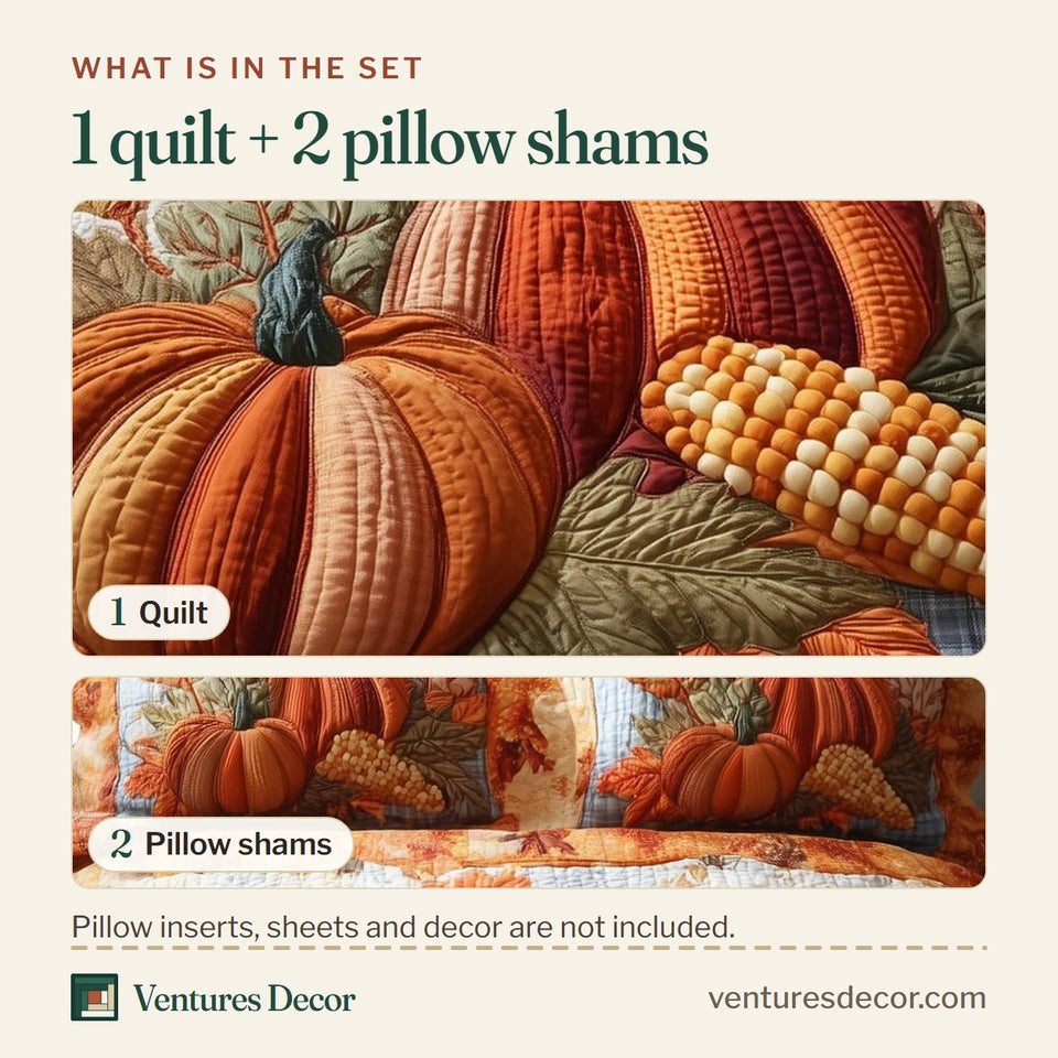 What is in the set: one quilt and two pillow shams, shown in the Cozy Pumpkin Patch Ribbed Pumpkin And Indian Corn design