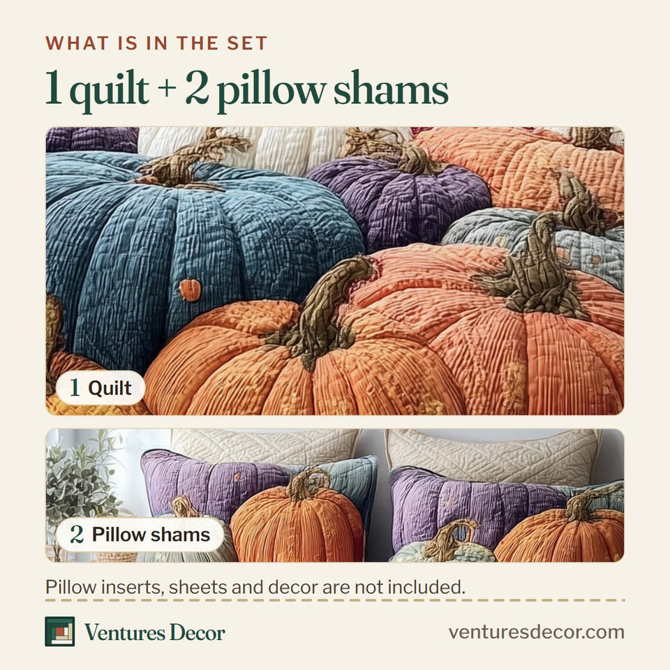 What is in the set: one quilt and two pillow shams, shown in the Cozy Pumpkin Rainbow Pile design