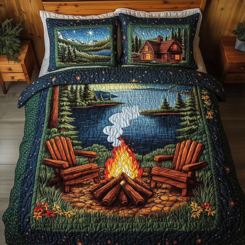 Cozy Retreat Starlit Lakeshore Log Chairs quilted bedding set, quilt and two pillow shams on a made bed