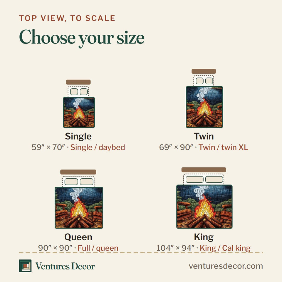 Size guide for the Cozy Retreat Starlit Lakeshore Log Chairs quilt, top view to scale: Single 59 x 70 in, Twin 69 x 90 in, Queen 90 x 90 in, King 104 x 94 in