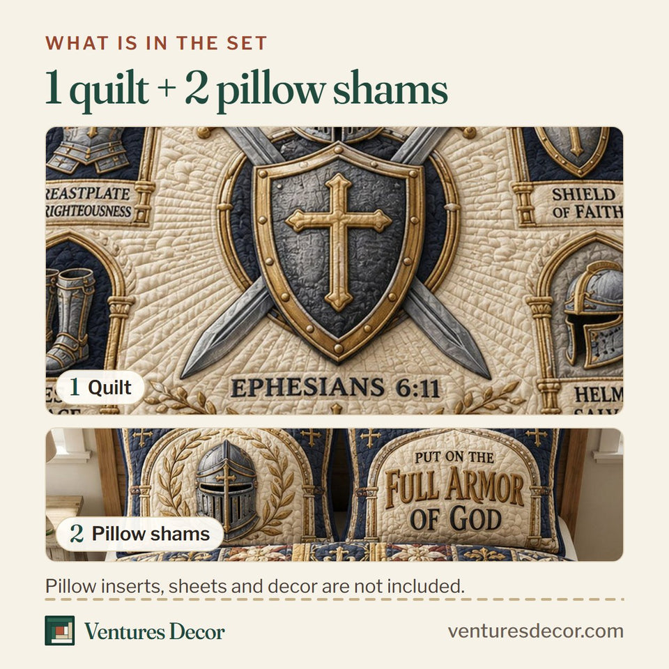 What is in the set: one quilt and two pillow shams, shown in the Cream Armor Scripture design