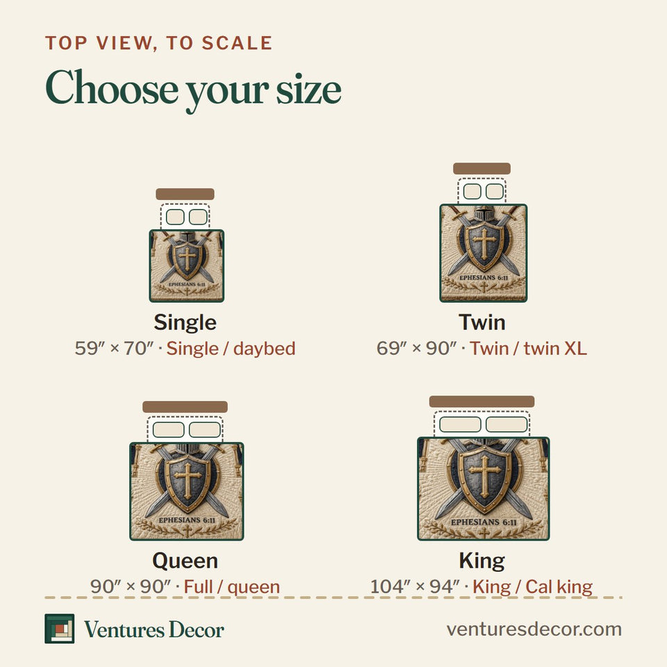 Size guide for the Cream Armor Scripture quilt, top view to scale: Single 59 x 70 in, Twin 69 x 90 in, Queen 90 x 90 in, King 104 x 94 in