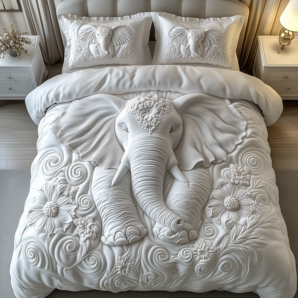 Cream Elephant Elegance quilted bedding set, quilt and two pillow shams on a made bed