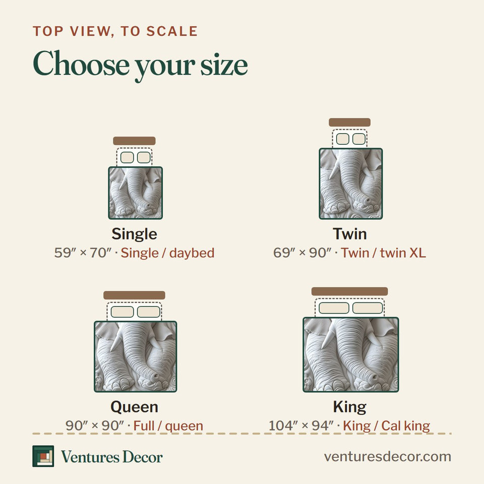 Size guide for the Cream Elephant Elegance quilt, top view to scale: Single 59 x 70 in, Twin 69 x 90 in, Queen 90 x 90 in, King 104 x 94 in