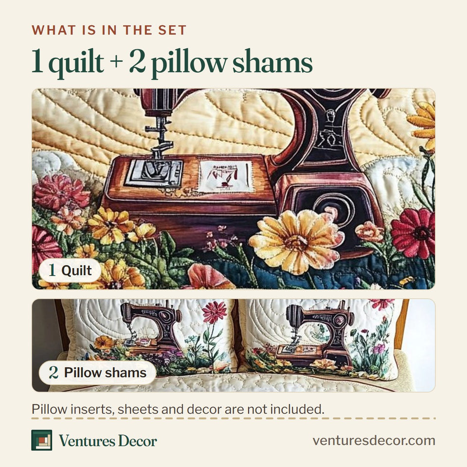 What is in the set: one quilt and two pillow shams, shown in the Creative Sewing Machine design